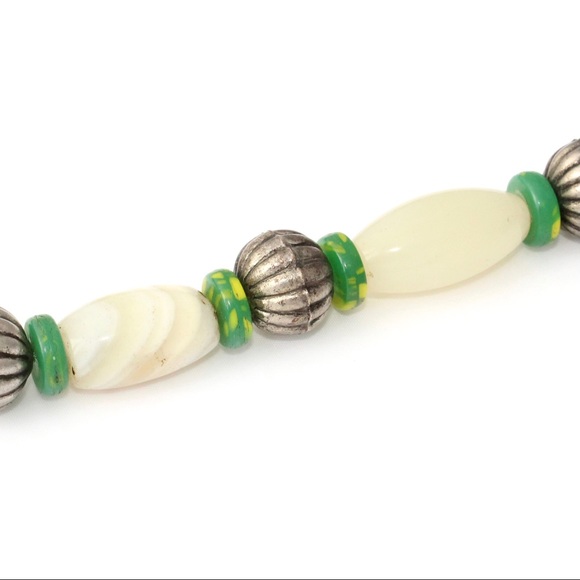 Vintage African Amber & Banded Agate Trade Bead Necklace Green Glass Silver Tone - Picture 4 of 6